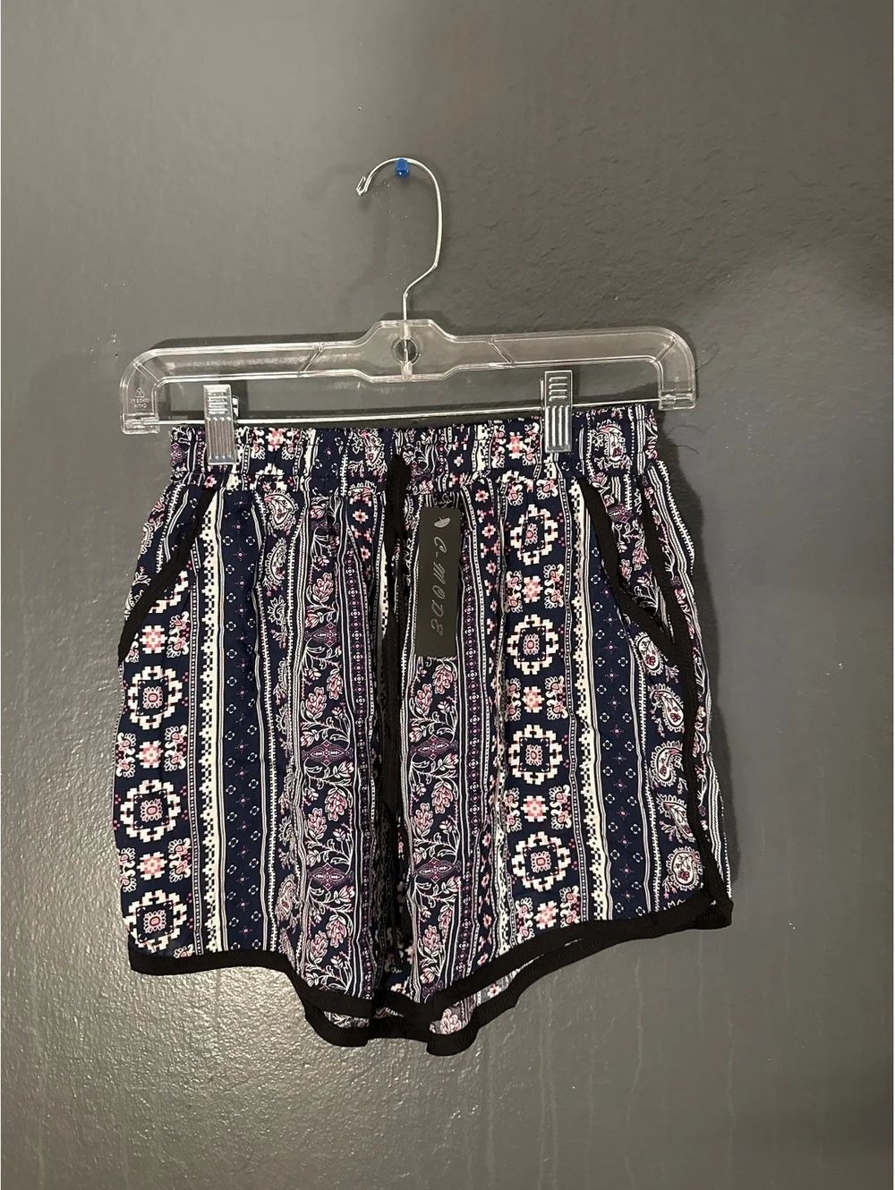 Cali Mode Women's Navy Blue Floral Patterned Shorts with Black Trim